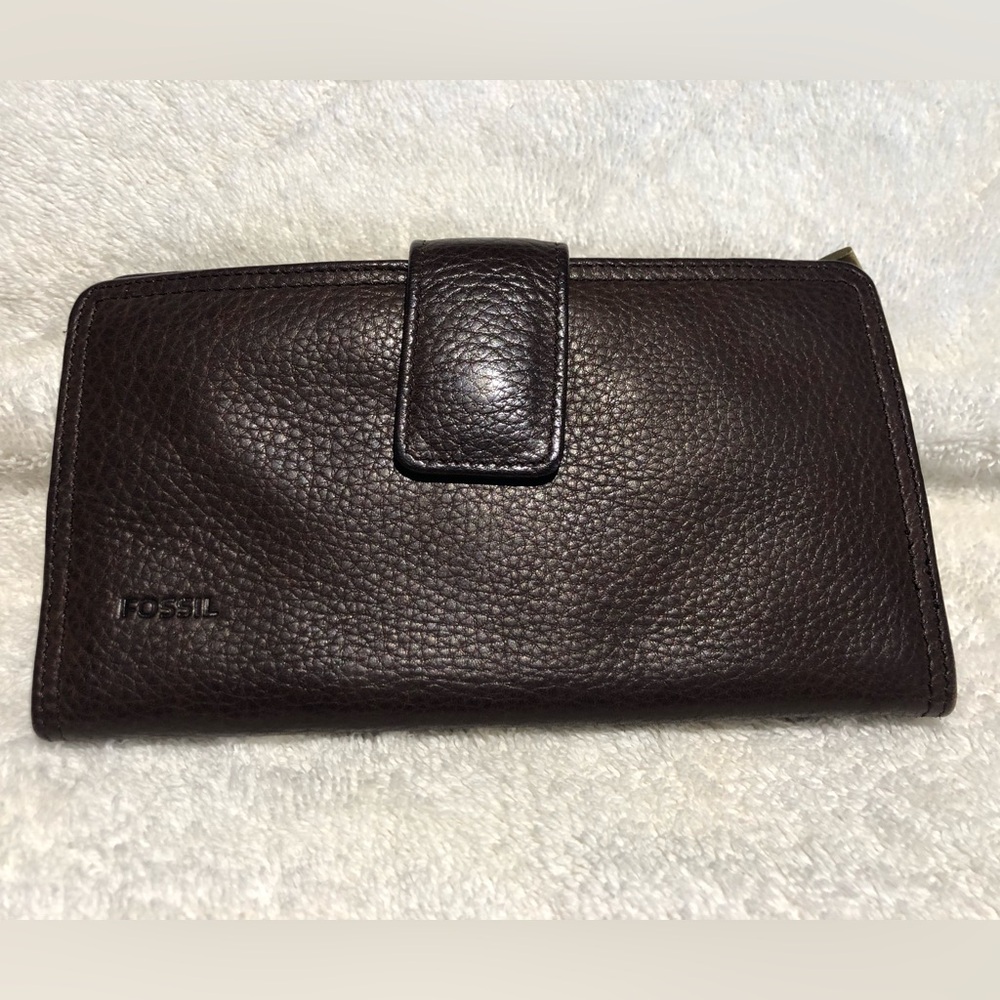 FOSSIL Logan Tab Wallet RFID Womens Dark Brown Genuine Leather 6.5” Vintage Nice